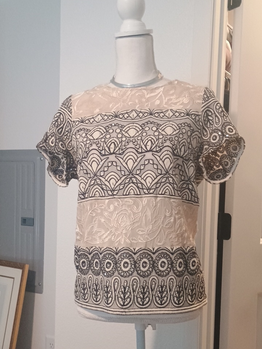 Anthropologie Beige and Black Embroidered Short Sleeve Blouse
